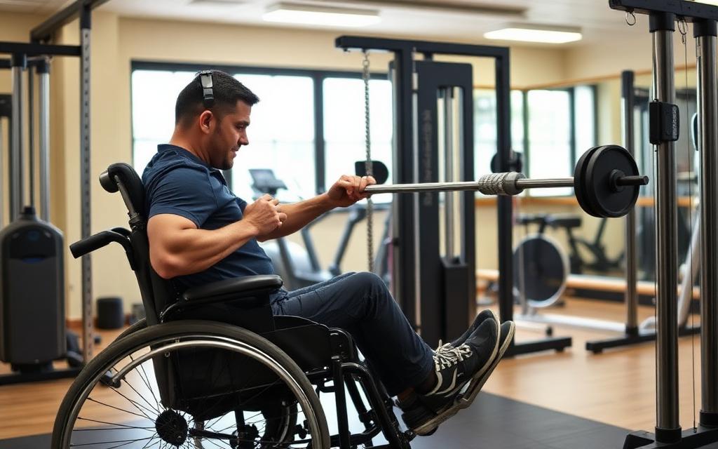 Coach guiding a member through an adaptive strength exercise